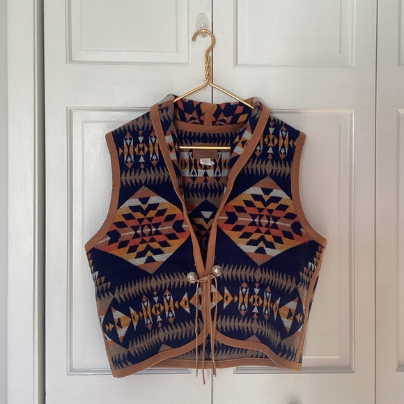 Pendelton Aztec Blue Pattern Southwestern Vest Leather Trim L - Picture 3 of 6
